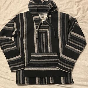 Senor Lopez Black Light Blue Gray Striped Men's Baja Hoodie Large Made in Mexico